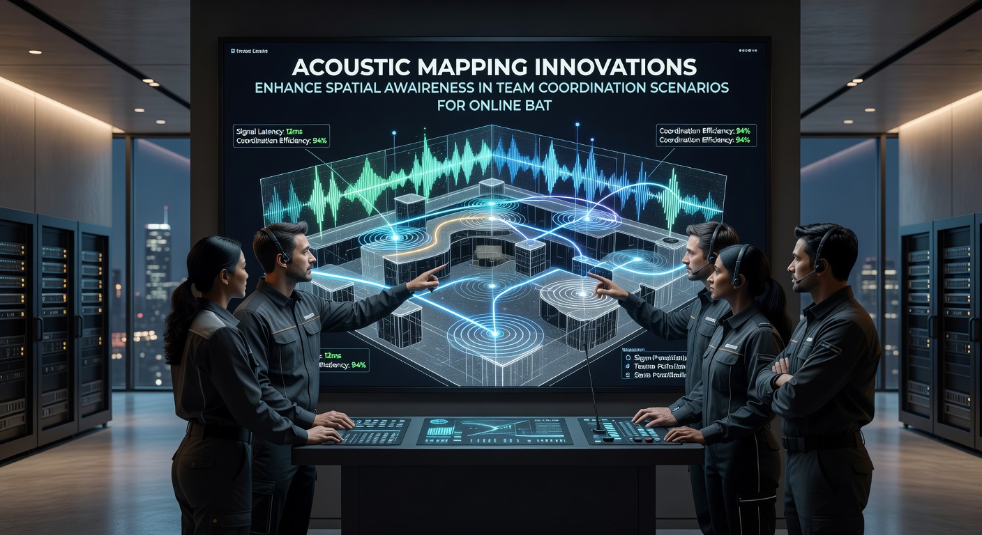 Team of players using acoustic mapping headsets during an online battle arena match with coordinated positioning