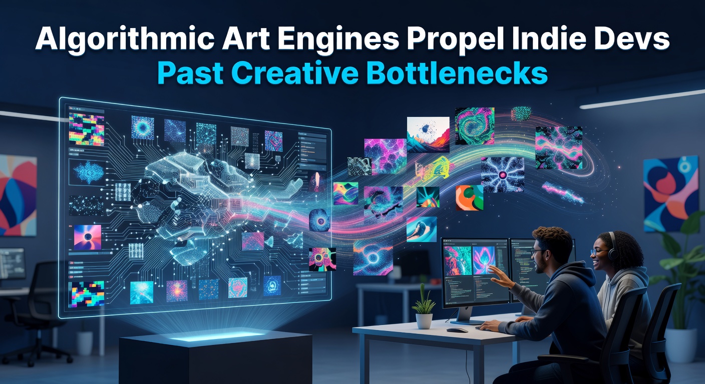 Indie developer tweaking AI-generated concept art on a dual-monitor setup in a dimly lit studio, with vibrant procedural textures rendering in real-time on screen