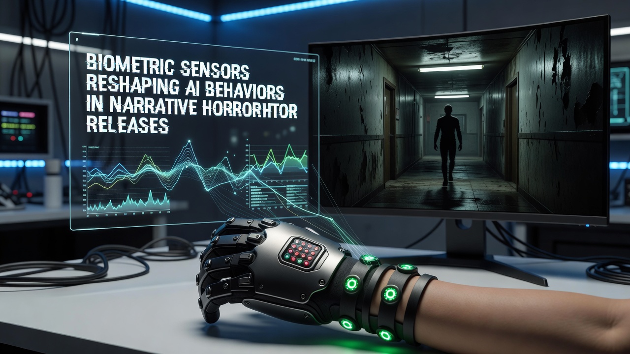 Biometric sensors integrated into gaming headsets for real-time player response tracking in horror titles