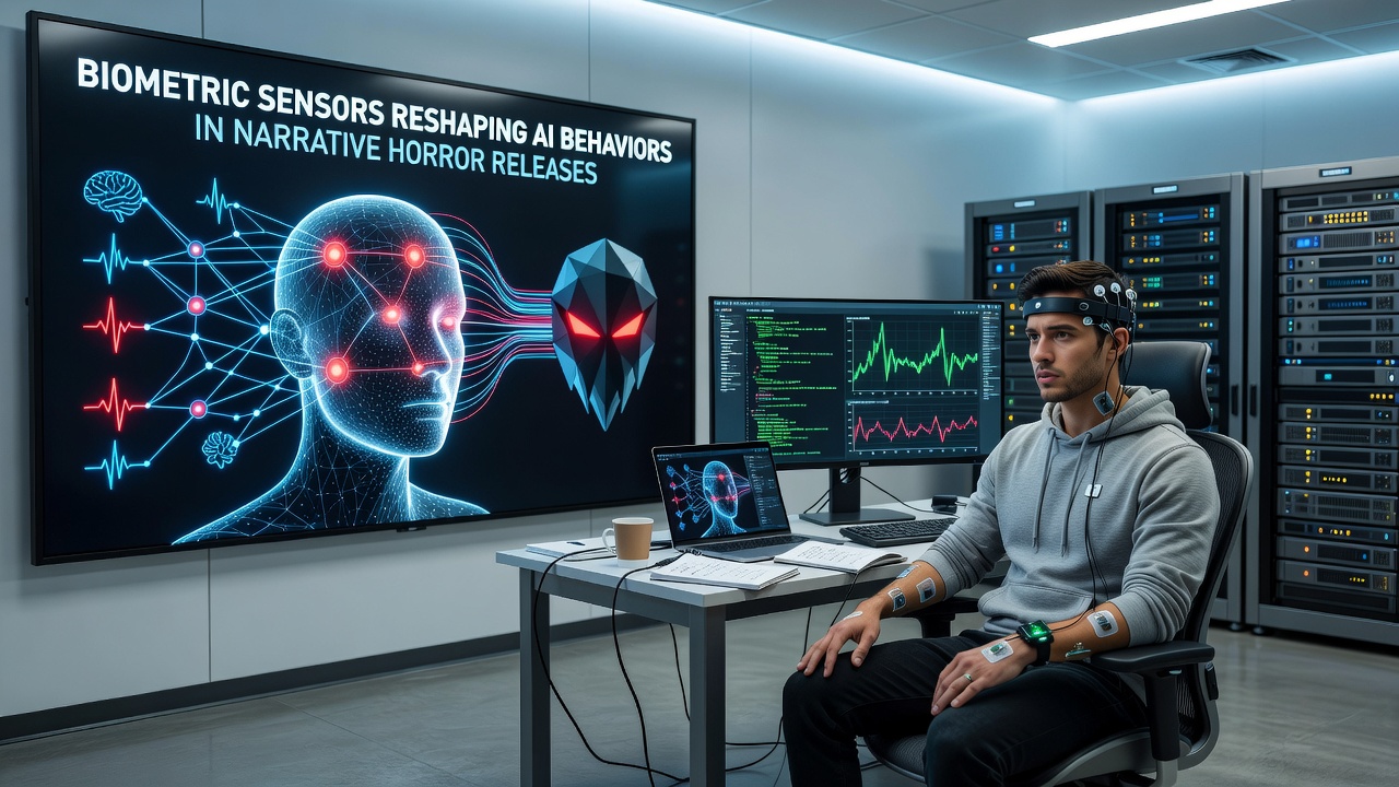 Developer dashboard displaying real-time biometric overlays influencing AI enemy placement in a horror narrative prototype