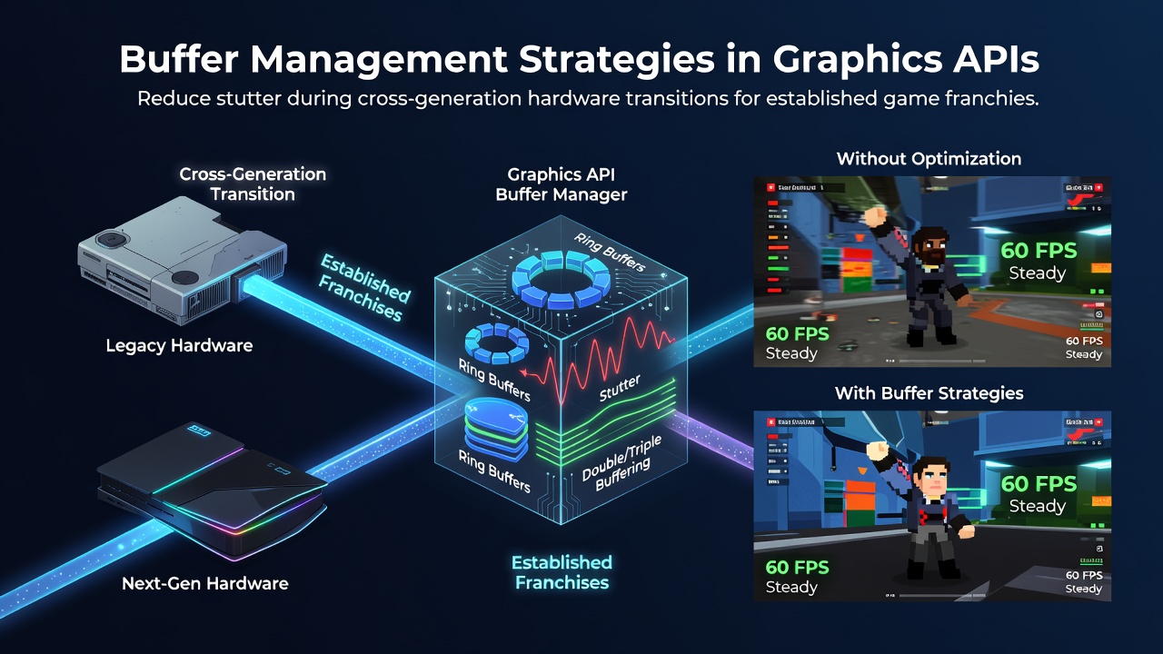 Graphics API buffer management visualization showing memory allocation across hardware generations in a game engine pipeline
