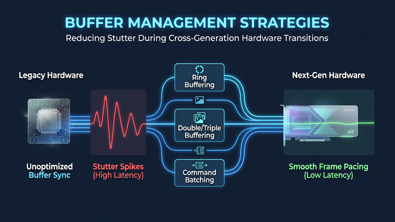 Developer workstation displaying buffer allocation graphs during a cross-generation game port optimization session