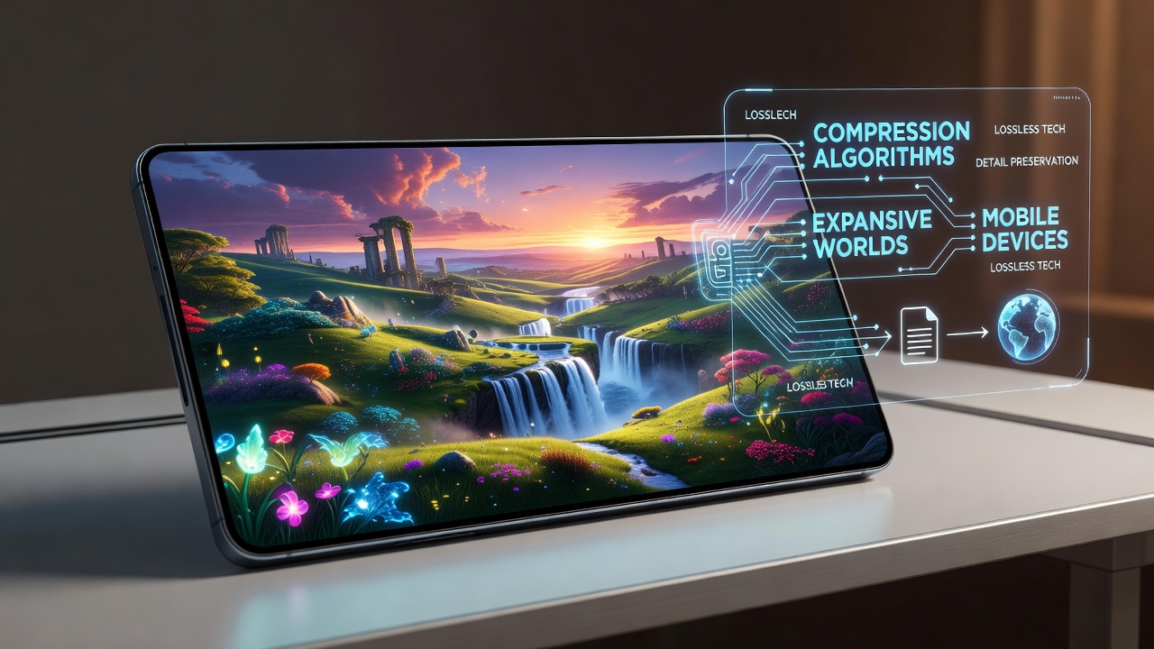Close-up view of a mobile game screen showing high-detail terrain rendered efficiently through compression