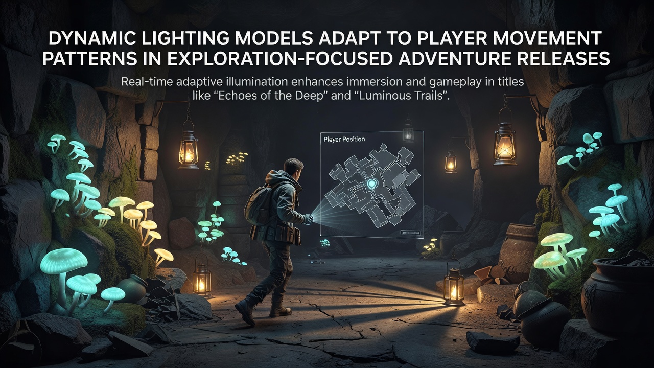 Overhead view of adaptive lighting highlighting player paths through a dense forest in an exploration adventure