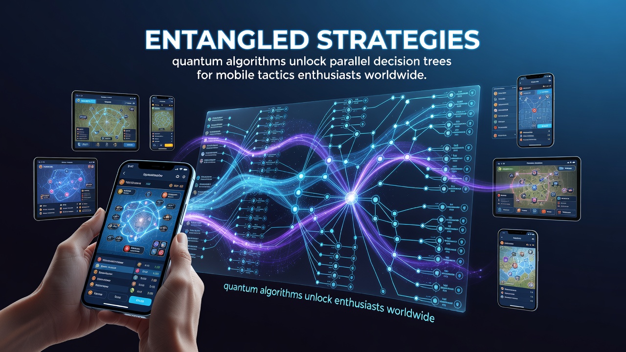 Quantum computing visualization showing entangled particles and decision tree structures overlaid on a mobile tactics game interface