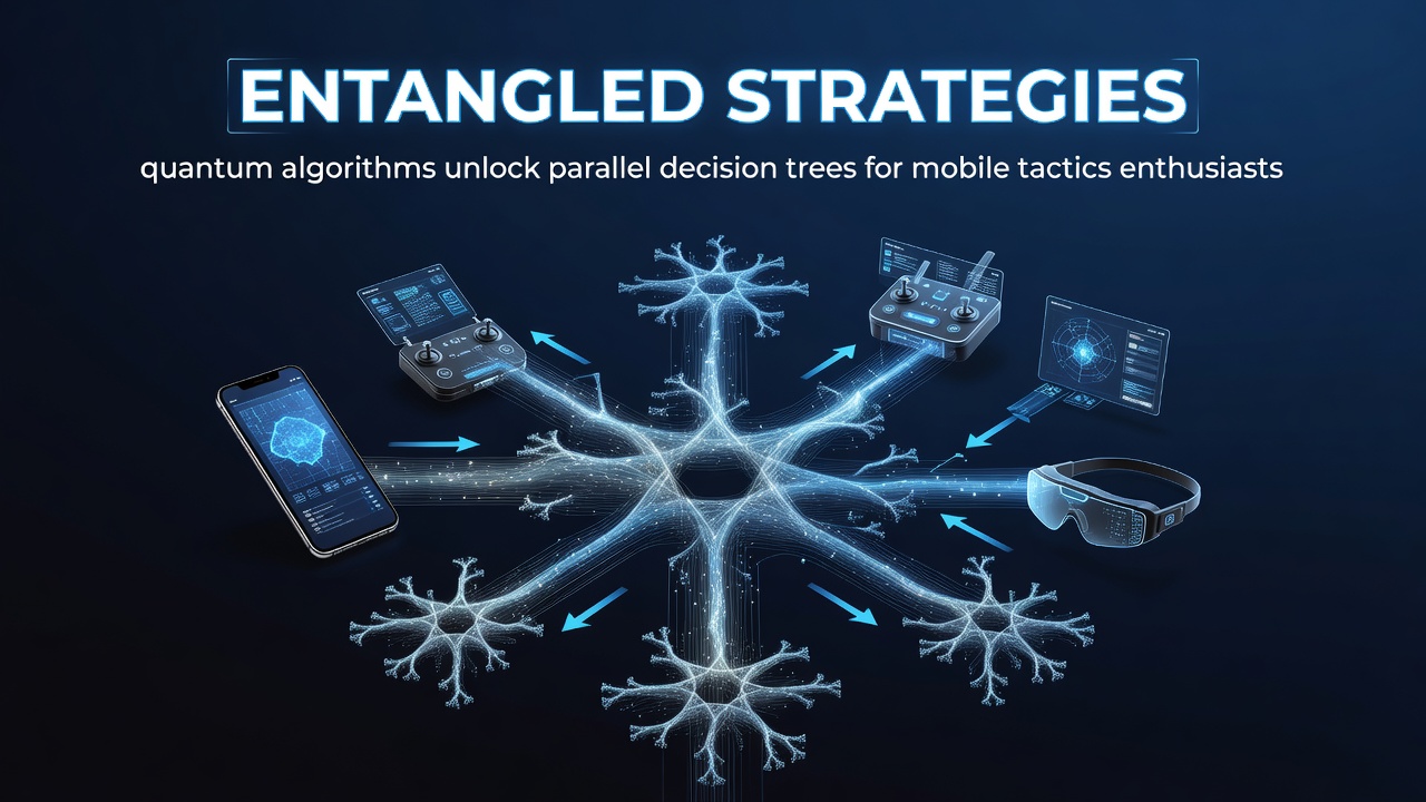 Mobile device screen displaying a tactics game with overlaid quantum decision tree branches and entanglement indicators