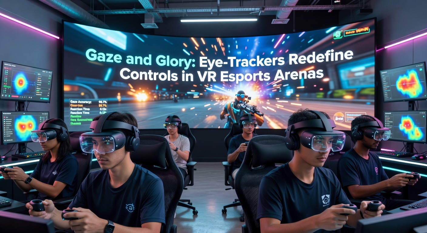 A VR esports player wearing a headset with integrated eye-tracking technology, focusing intently during a high-stakes match