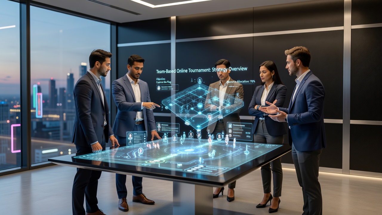 Close-up view of players interacting with a holographic projection table showing team formations and movement vectors