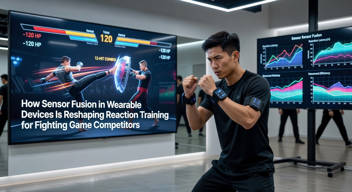 Wearable sensor devices on a fighting game competitor's wrists and chest during reaction drills