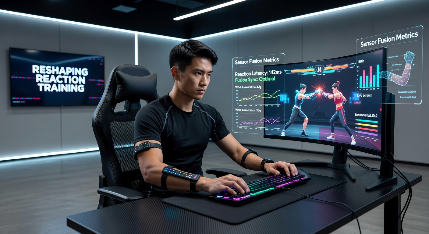 Athlete reviewing sensor fusion analytics dashboard after a fighting game reaction training session
