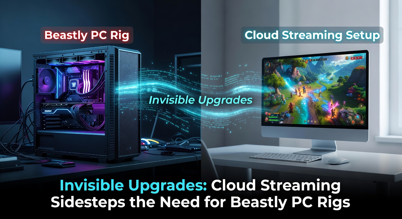 A sleek laptop streams a high-end game like Cyberpunk 2077 at max settings, showcasing cloud power without local hardware strain