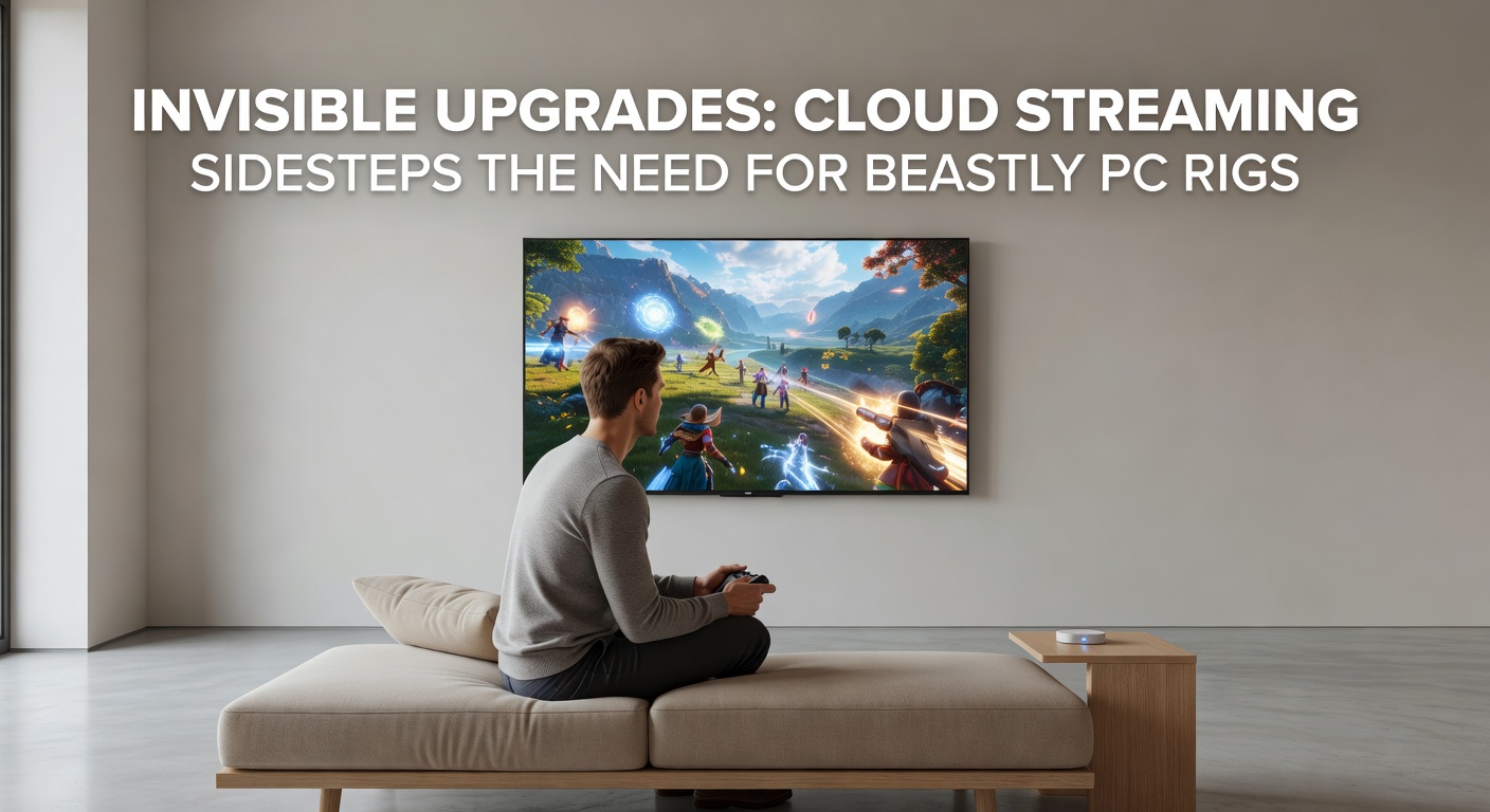 Data center racks humming with GPUs stream games to diverse devices including phones, tablets, and consoles in a global network visualization