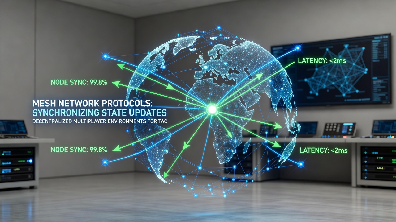 Players engaged in a tactical shooter match with overlaid network synchronization visuals