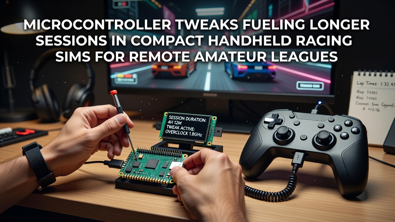 Compact handheld racing simulator device showing microcontroller board and racing controls