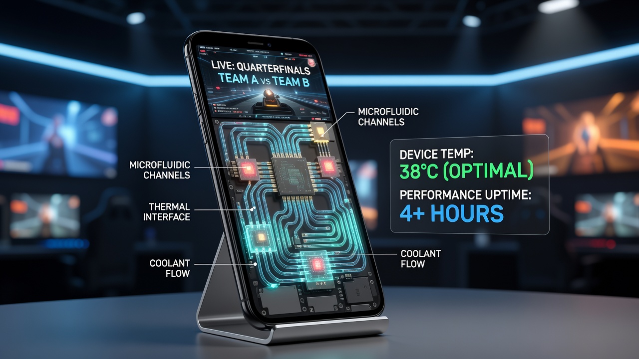 Microfluidic cooling channels integrated into a high-performance mobile gaming device during an esports qualifier event
