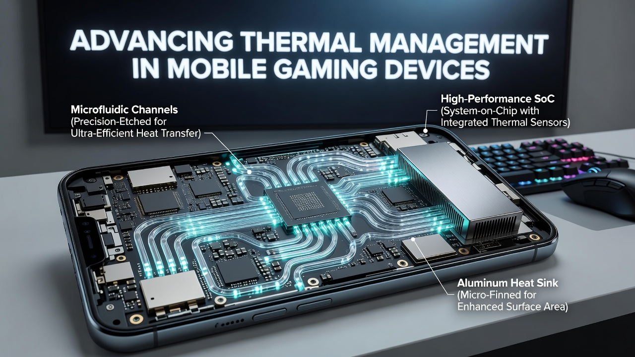 Close-up view of microfluidic channels and coolant flow in a mobile esports gaming setup