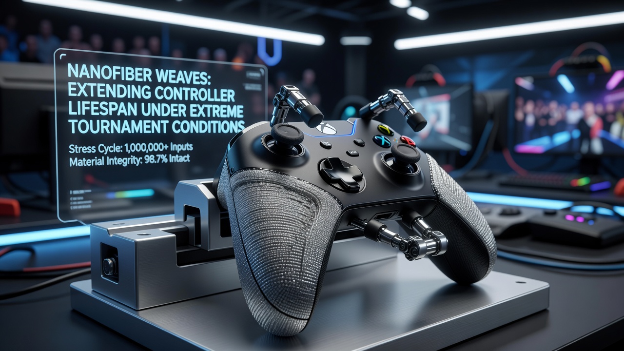 Close-up view of a gaming controller reinforced with nanofiber weave material showing intricate fiber patterns on the surface