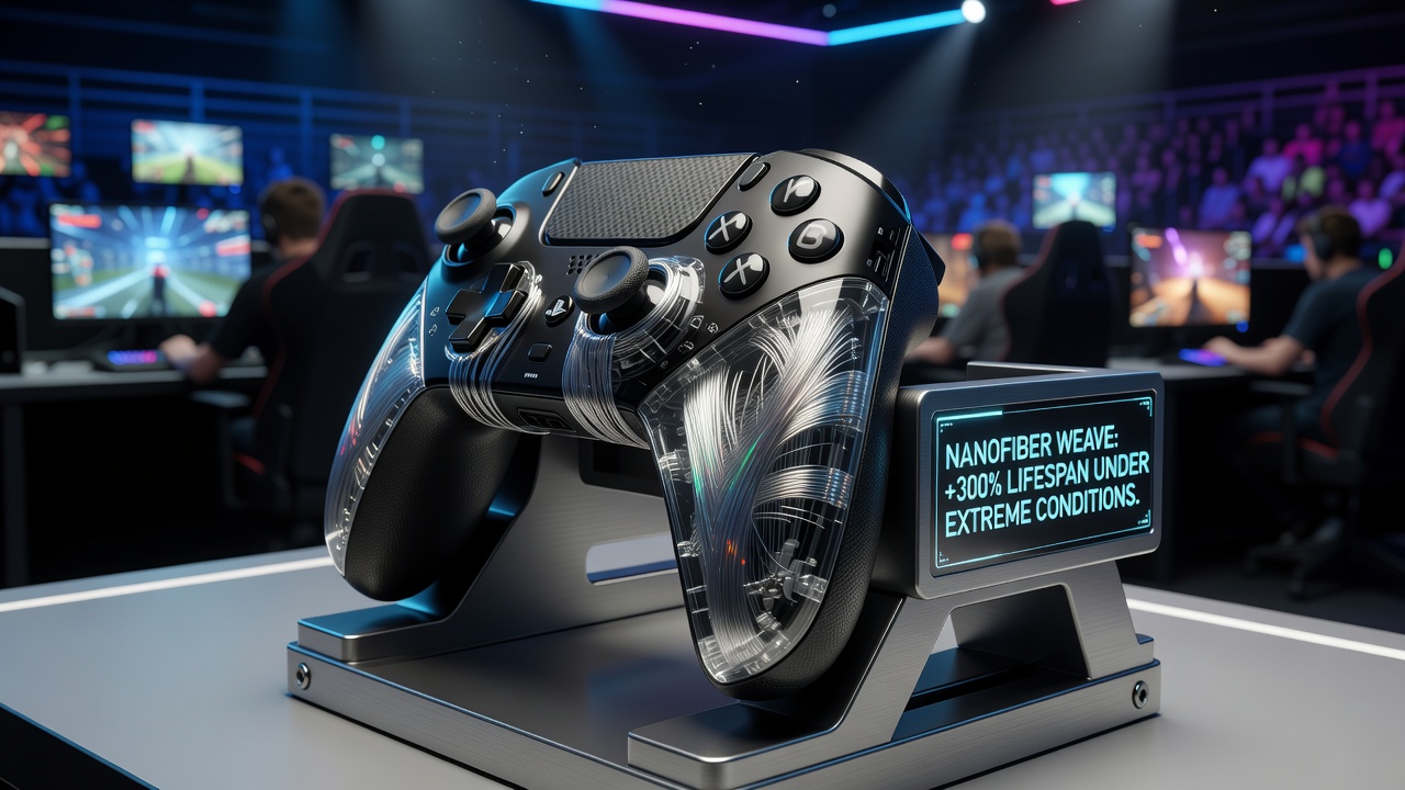 Gaming tournament setup with multiple reinforced controllers lined up on a table during a competitive event