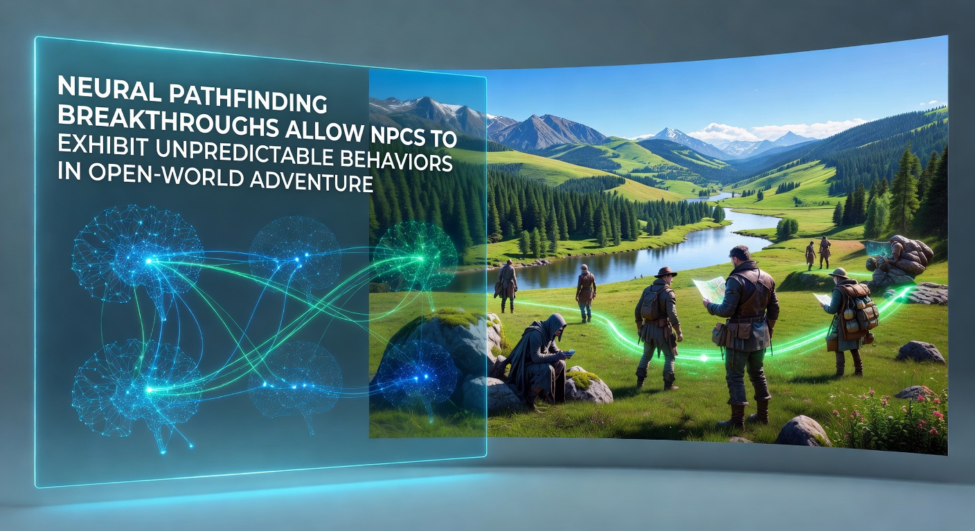 Close-up of in-game AI visualization displaying neural network decision layers guiding an NPC through varied terrain