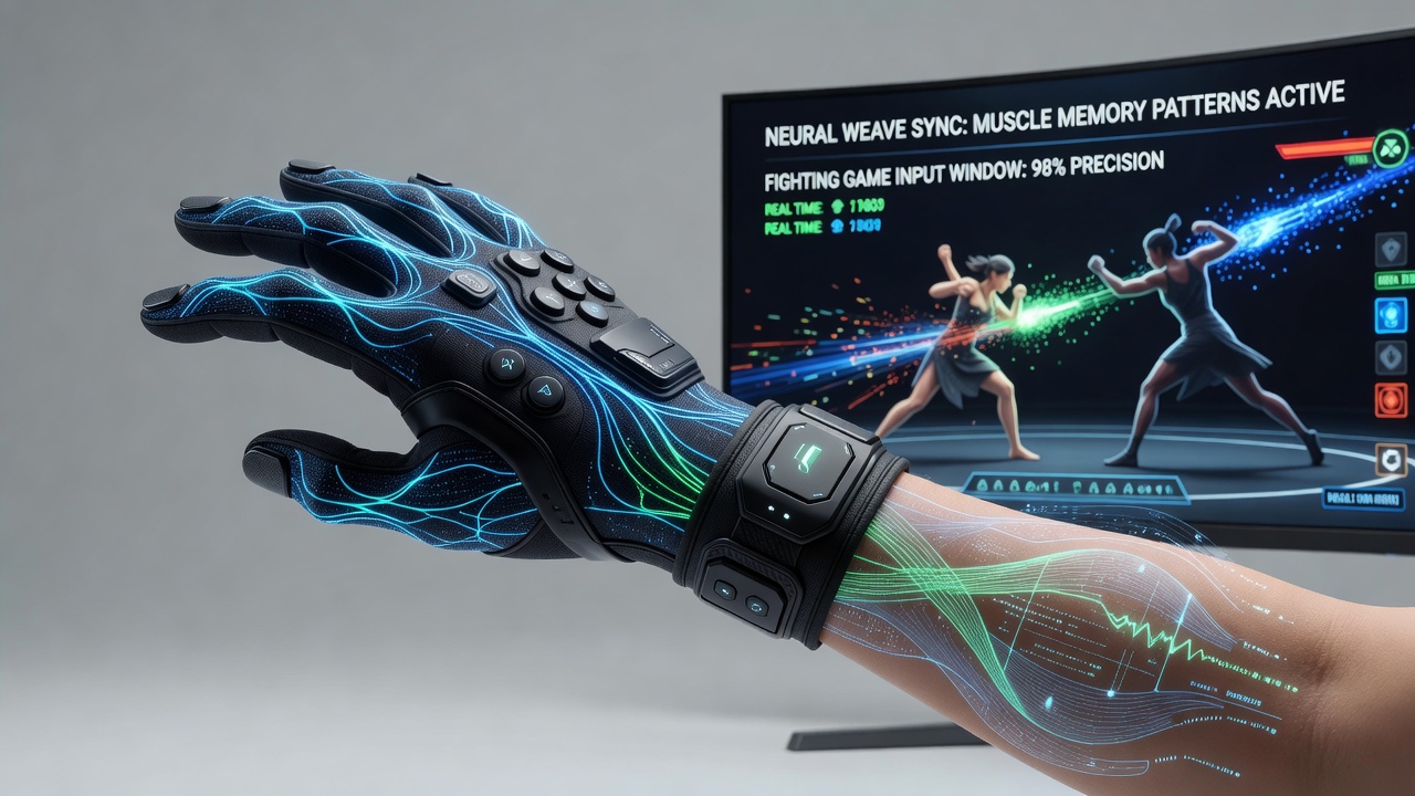 Close-up view of neural weave fabric responding to muscle patterns during fighting game practice