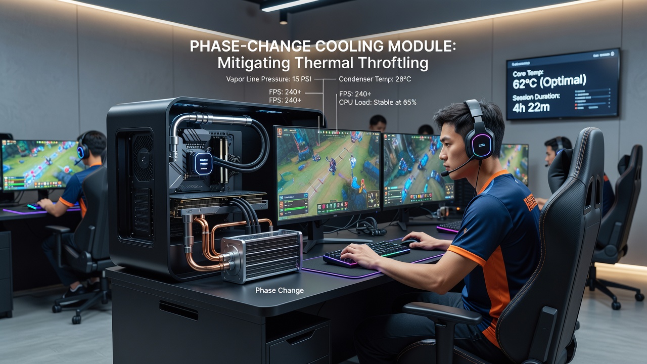Detailed view of phase-change material layers applied to CPU and GPU heat sinks in esports training stations