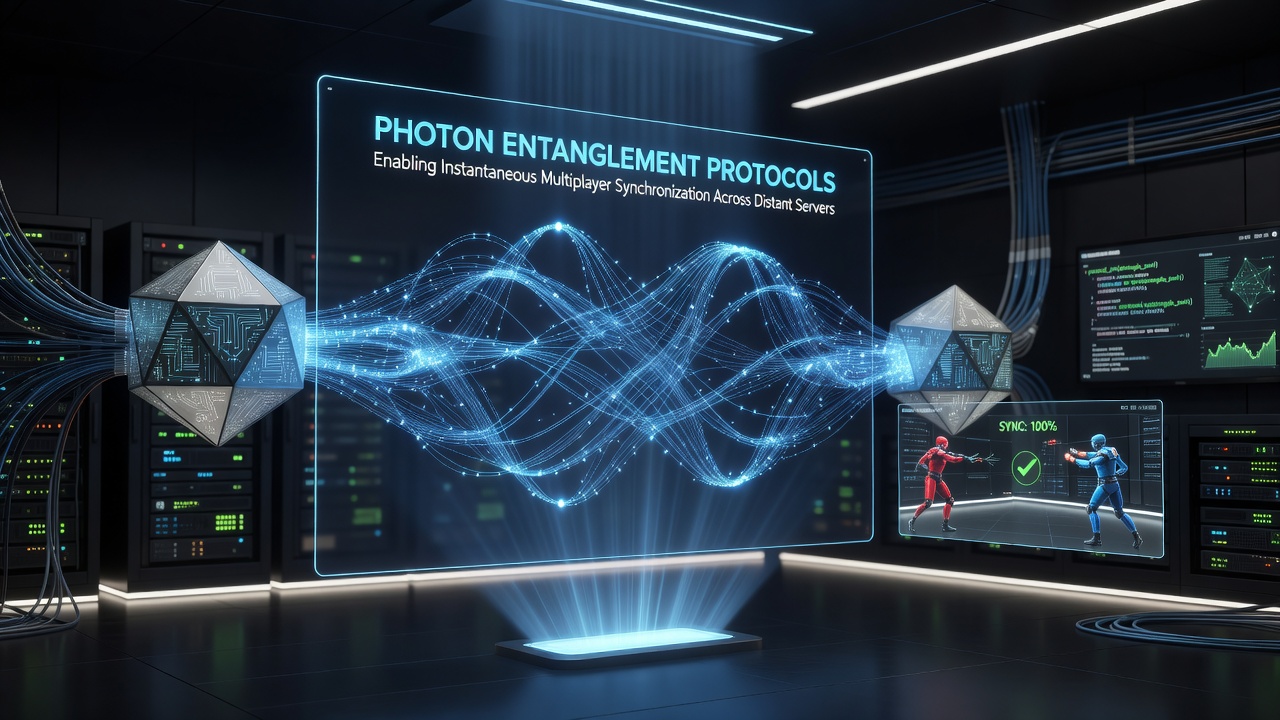 Engineers calibrating quantum entanglement hardware at a data center supporting strategy game servers