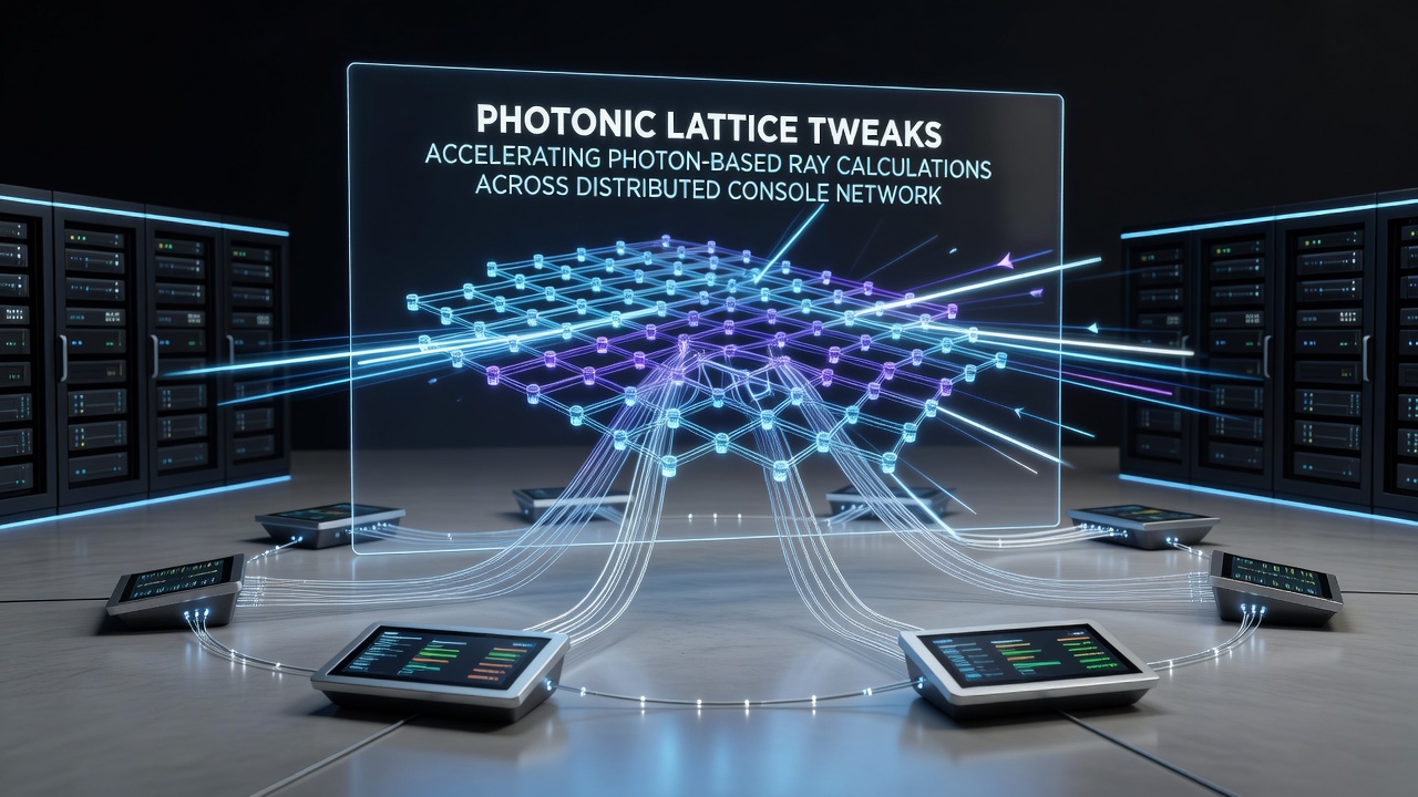 Network topology illustration of distributed consoles using photonic lattices for accelerated ray calculations