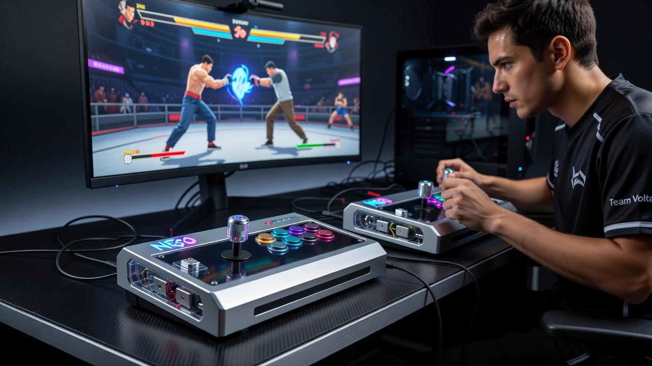 Tournament player testing a fight stick equipped with piezoelectric force feedback modules