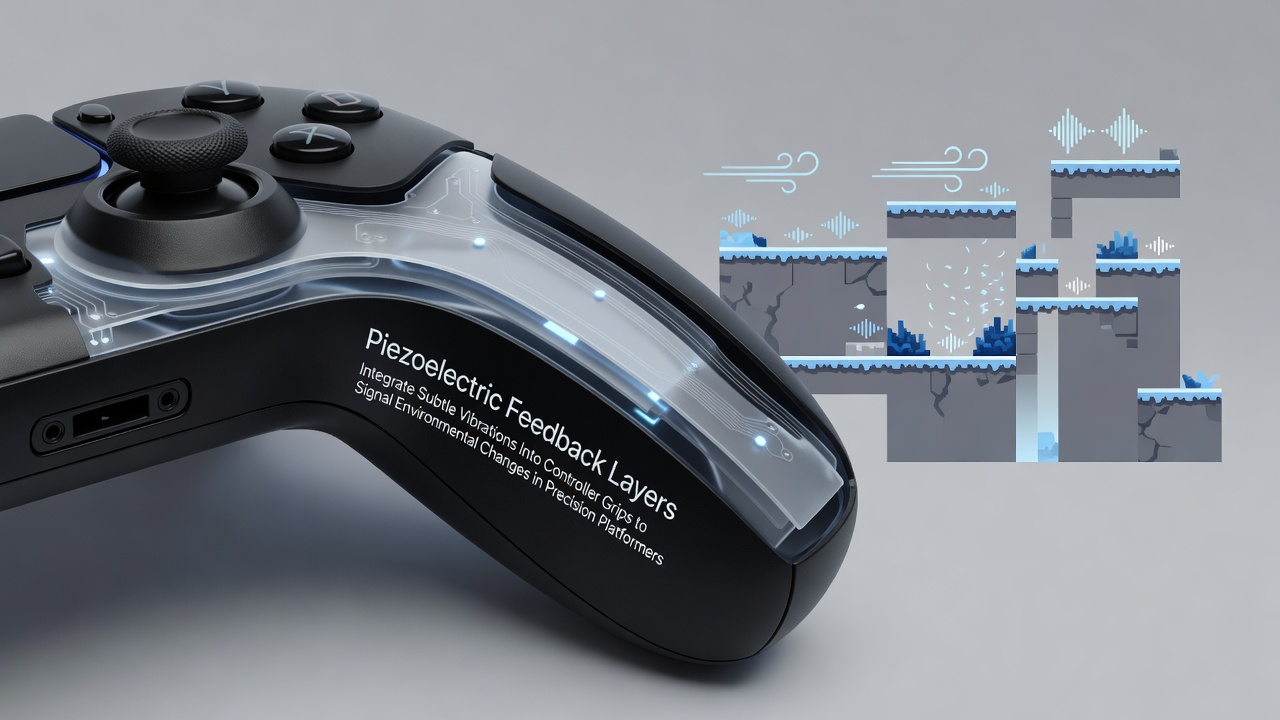 Close-up of a controller grip with integrated piezoelectric layers emitting subtle haptic feedback during platformer gameplay
