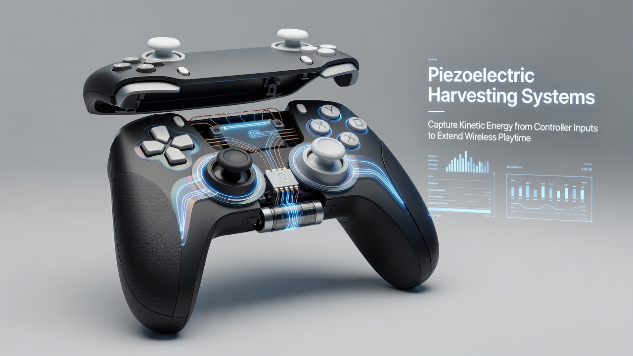 Close-up view of a wireless gaming controller with highlighted piezoelectric layers in buttons and internal circuitry for energy harvesting