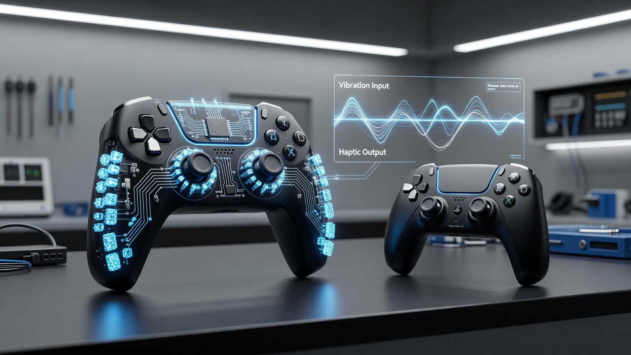 Close-up view of piezoelectric actuators integrated into a prototype console controller showcasing layered crystal structures for precise vibration control