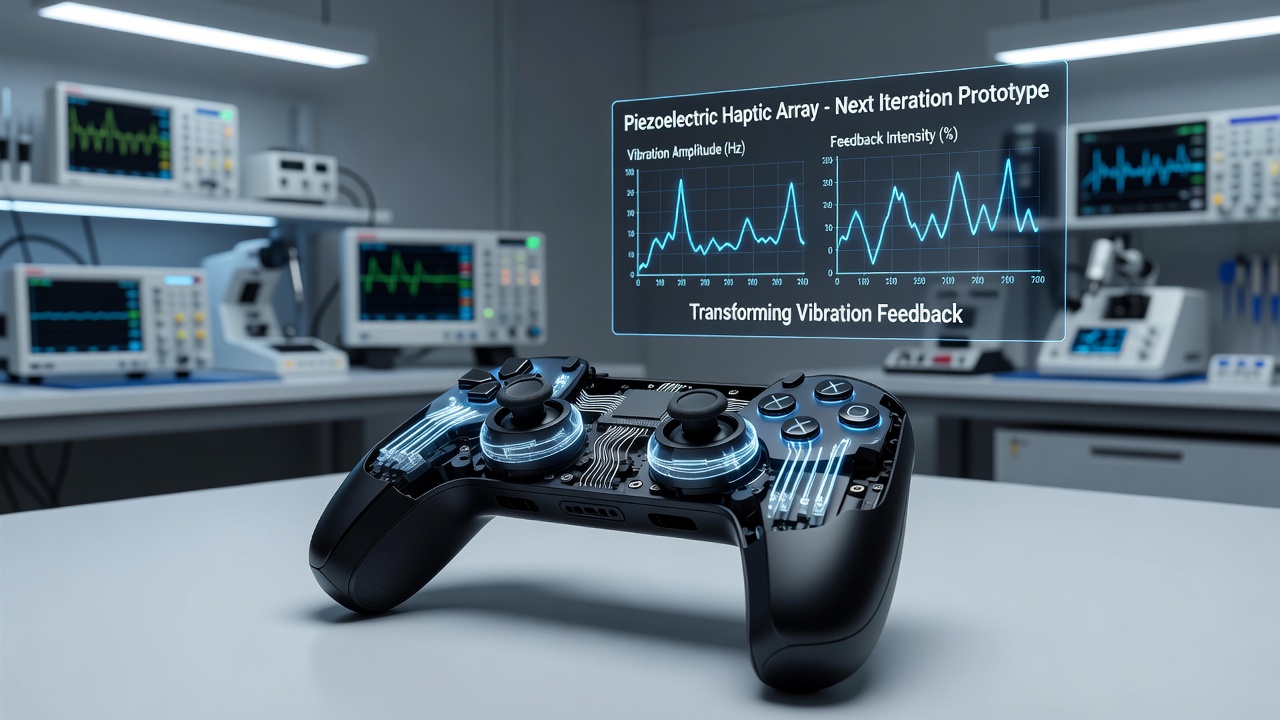 Engineering diagram and prototype testing station where piezoelectric feedback modules undergo durability and precision evaluation for console controller integration
