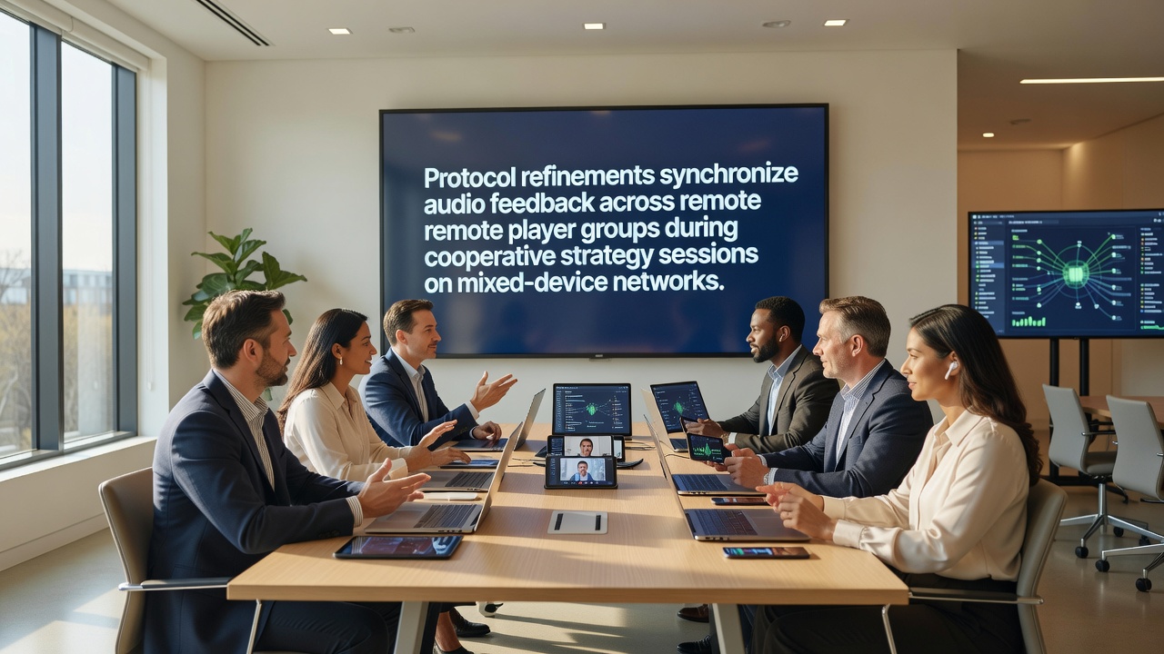 Remote players engaged in a cooperative strategy session with synchronized audio cues displayed across varied devices including laptops, tablets, and consoles