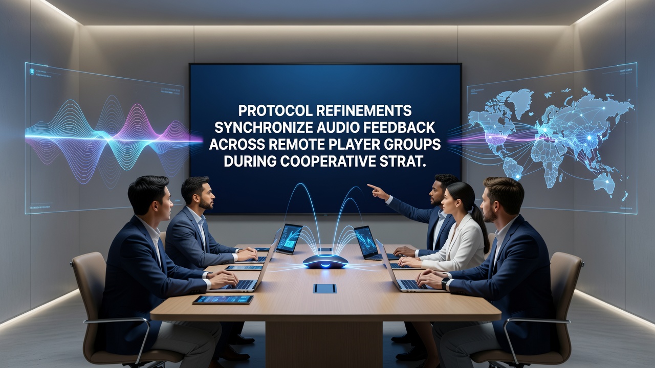 Close-up view of audio waveform overlays and network latency graphs during a live cooperative strategy match on mixed hardware