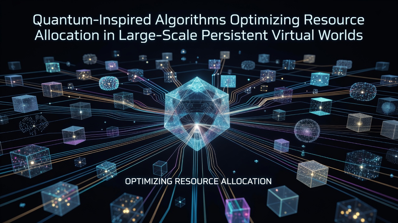 Visualization of quantum-inspired algorithms managing resource distribution across expansive virtual world servers