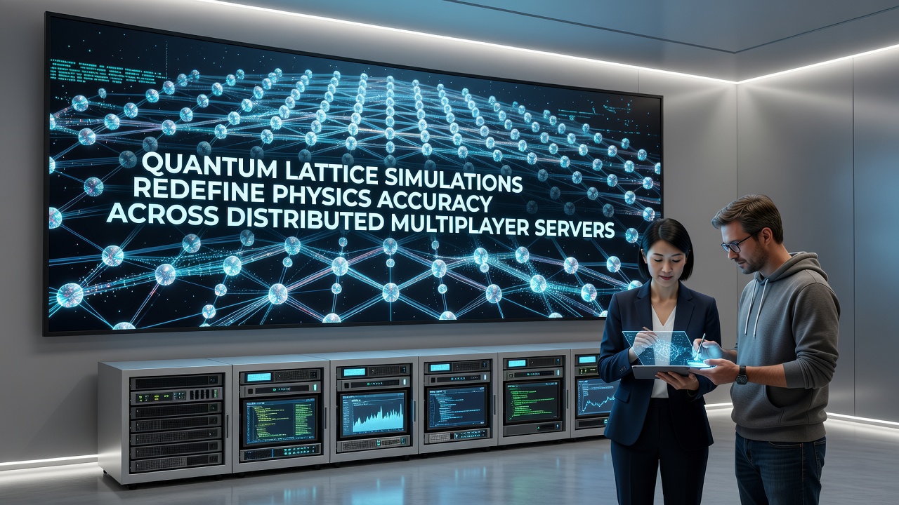 Distributed server cluster visualizing synchronized quantum lattice physics states during multiplayer testing