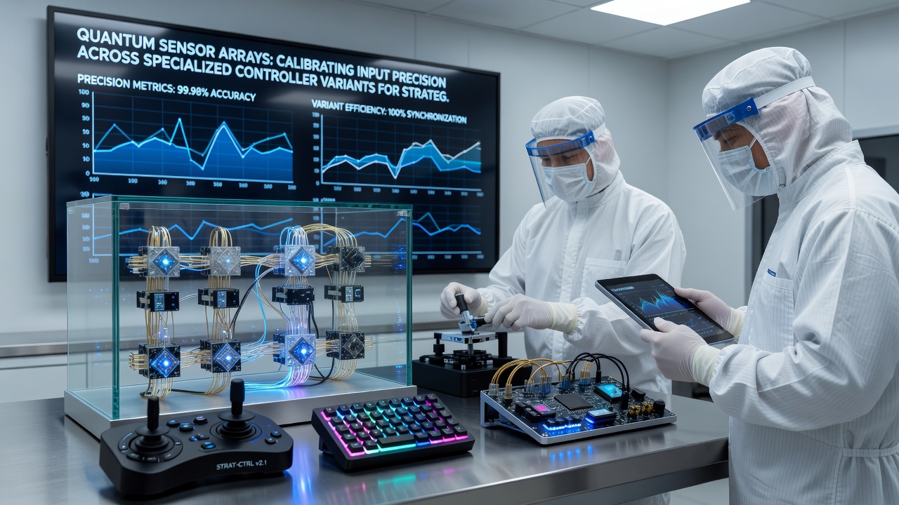 Close-up of quantum sensor calibration process on strategy simulation controller hardware
