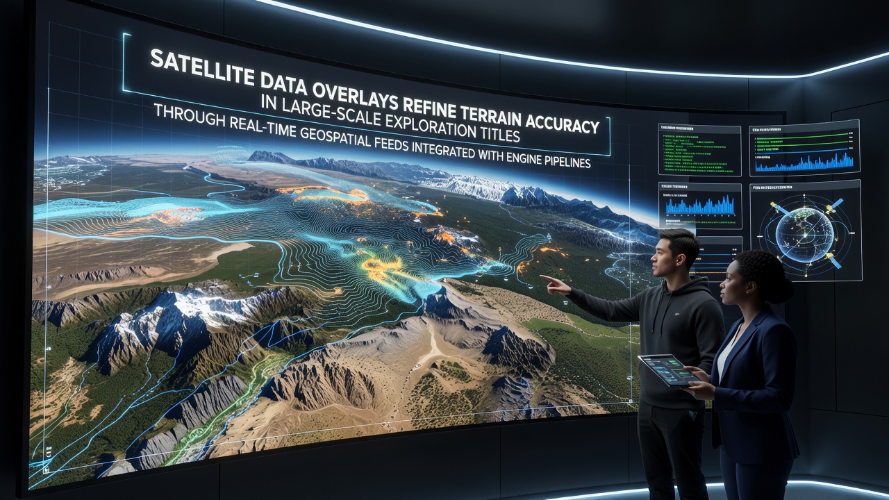 Satellite imagery overlay being integrated into a game engine pipeline for terrain refinement in an exploration title