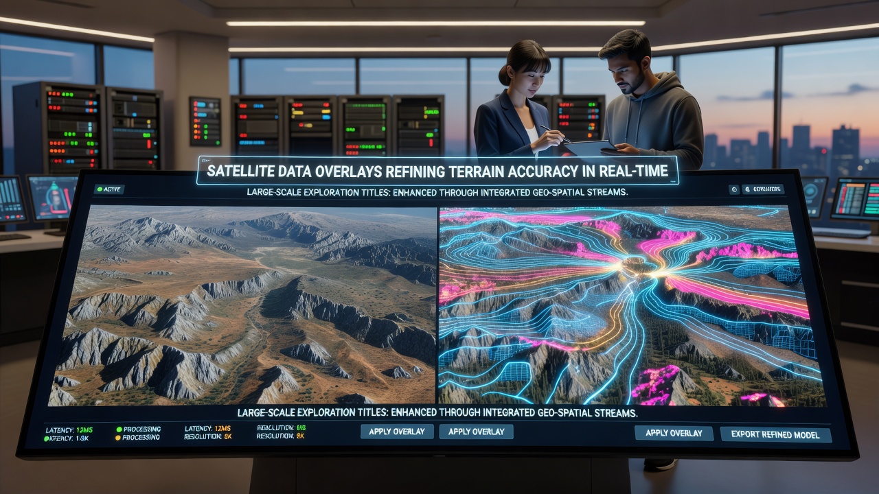 Real-time geospatial feed visualization showing satellite data layers updating terrain mesh inside a game engine viewport