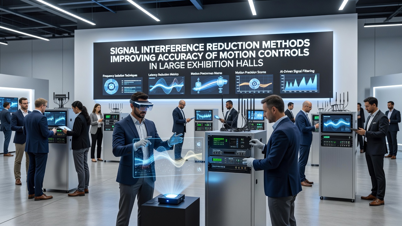 Technicians installing directional antennas and shielding panels in a spacious exhibition hall to minimize wireless signal interference for motion tracking systems
