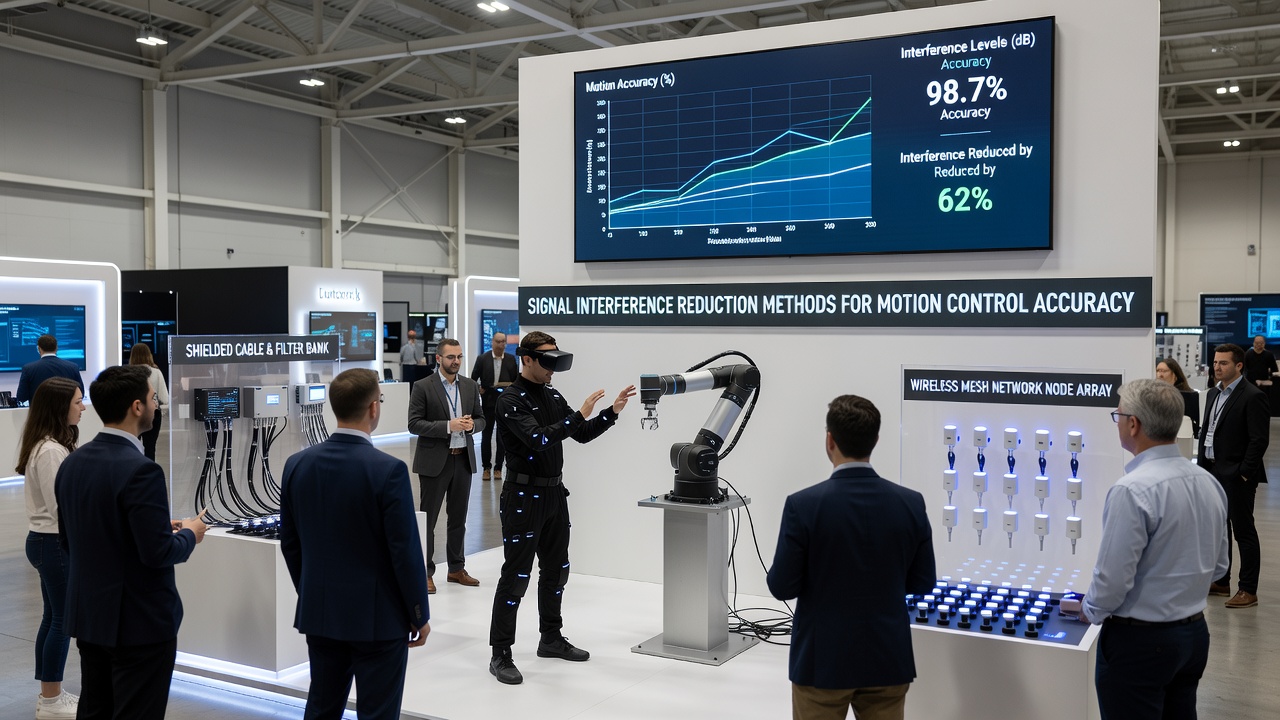 Engineers calibrating motion tracking arrays with spectrum analyzers inside a large exhibition space during setup for an international technology showcase