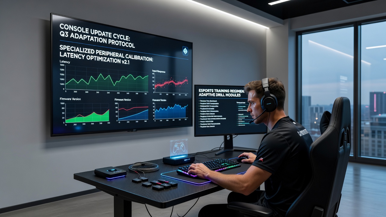 Gaming peripherals undergoing calibration adjustments during an esports training session with console hardware visible in the background
