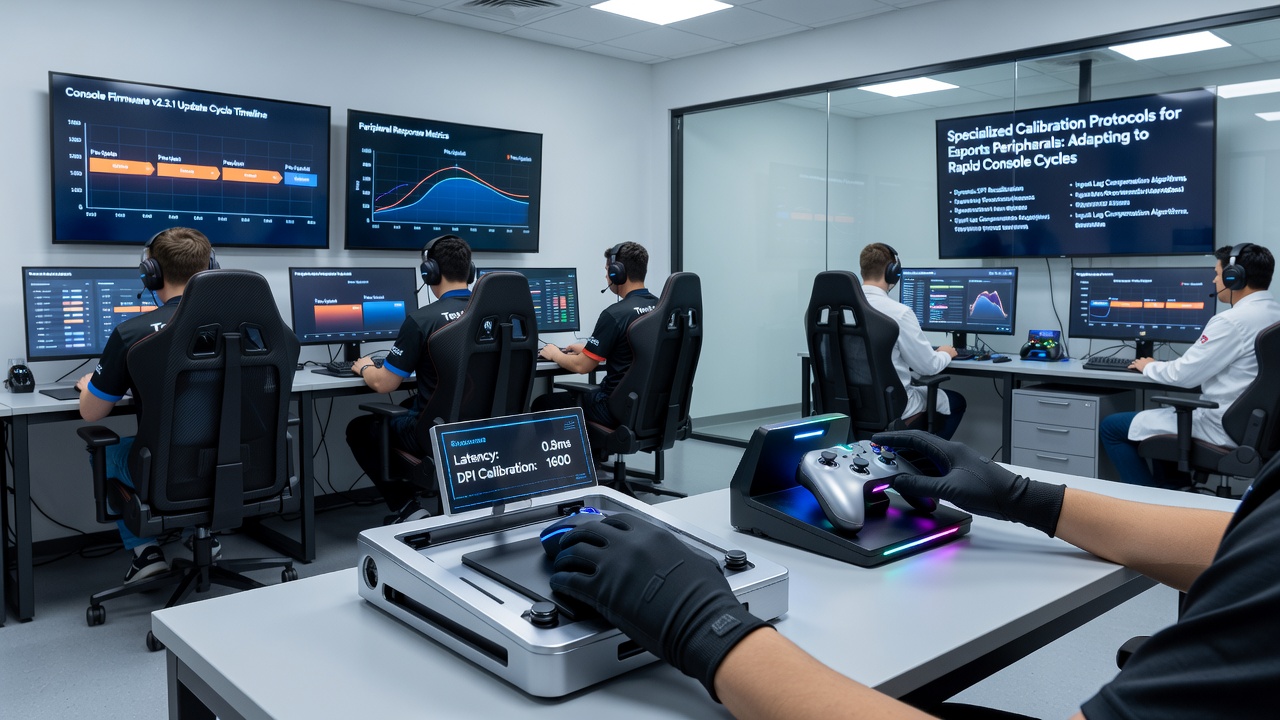 Technician reviewing calibration data on multiple monitors while an esports athlete tests adjusted peripherals