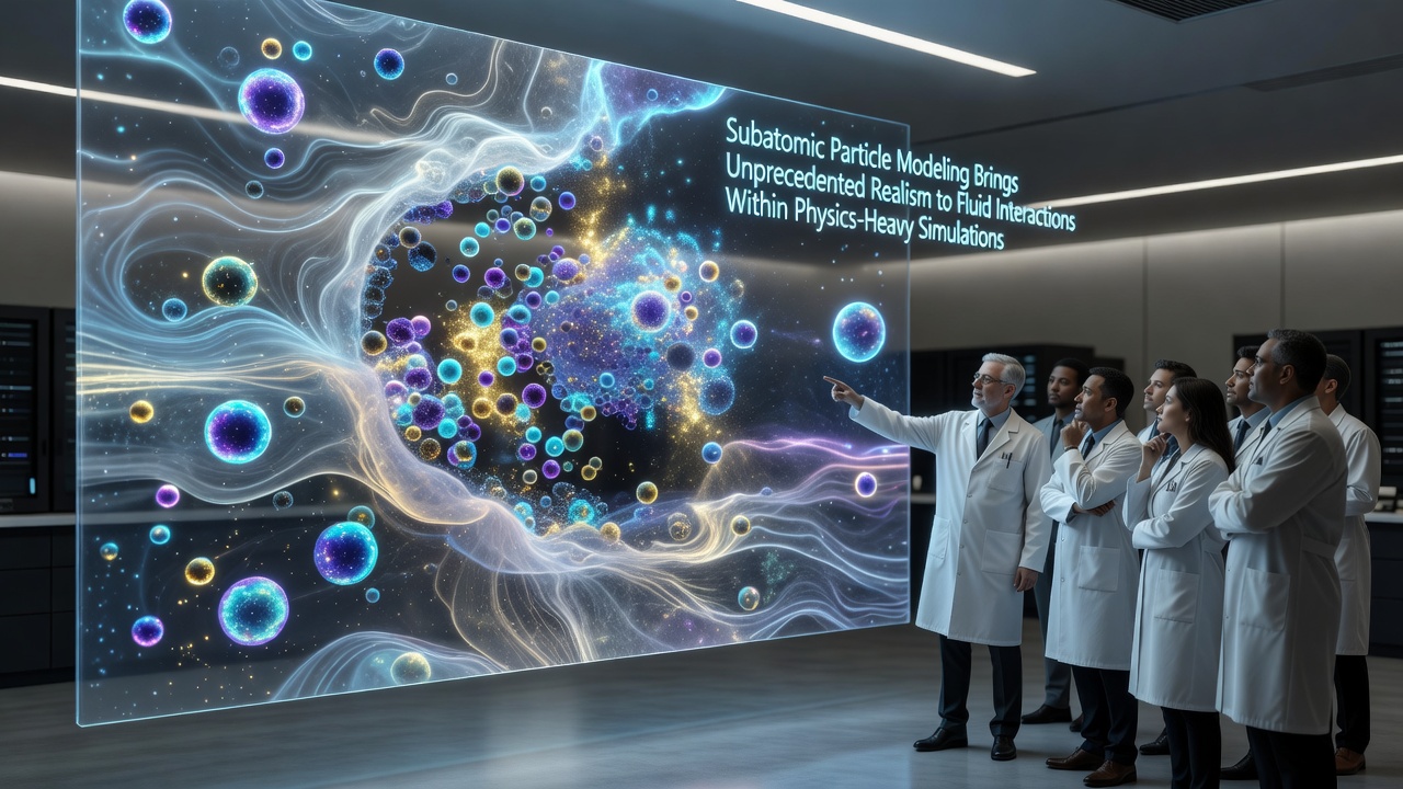 Close-up of fluid particle interactions simulated using subatomic modeling techniques