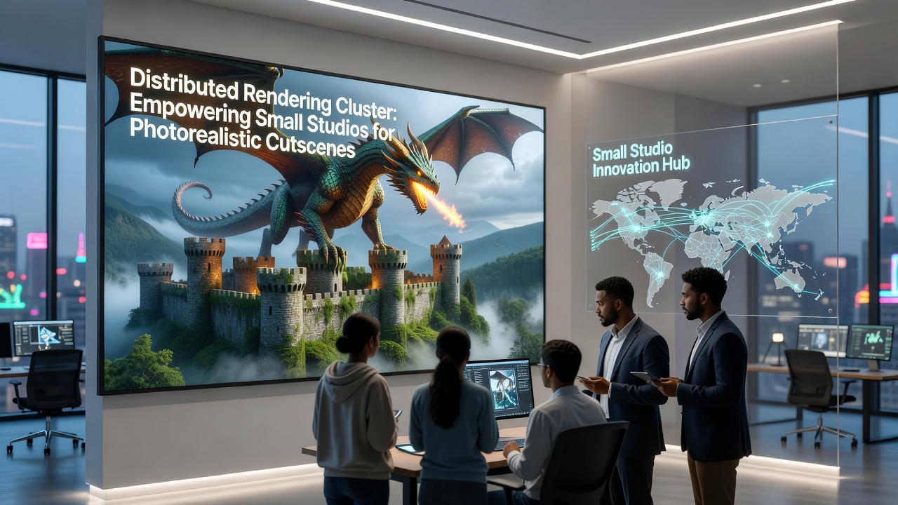 Small studio team reviewing rendered cutscene frames on multiple monitors connected through a distributed network setup
