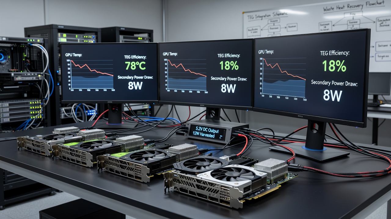 Close-up view of thermoelectric modules wired to a secondary monitor power input on a desktop PC